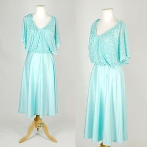 Vintage 70s Aqua Mint Flowy Midi Dress Small